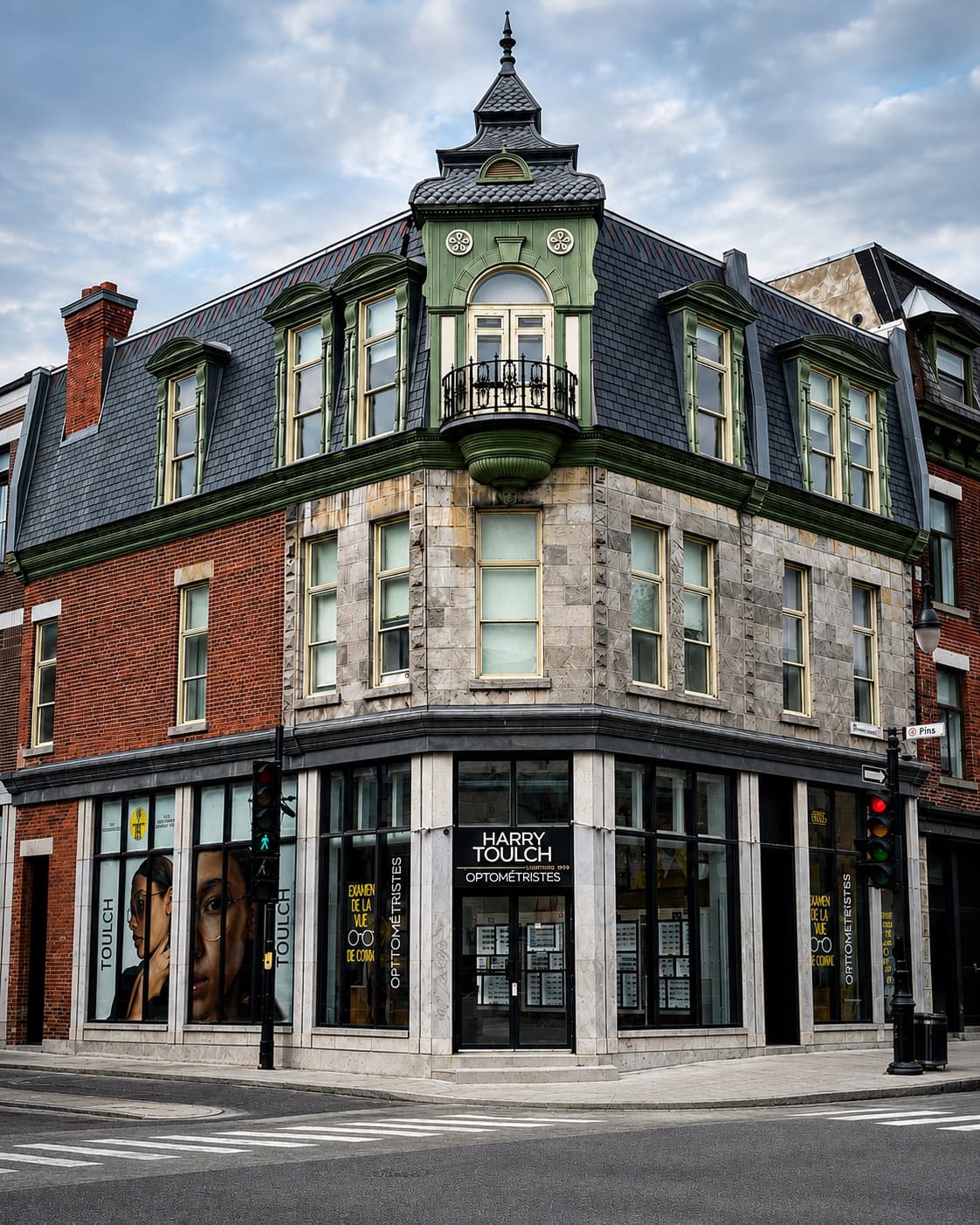 The storefront of Harry Toulch Optométristes, at the corner of Pine Avenue