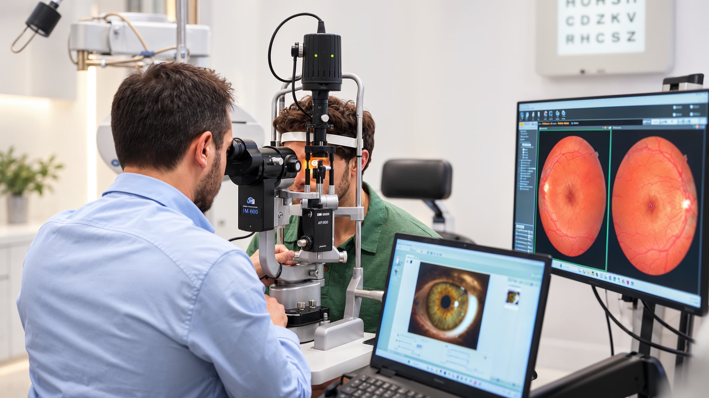 An optometrist examines a patient's eye at the slit lamp. Two retinal images are on the monitor, a close-up of the iris on the laptop.
