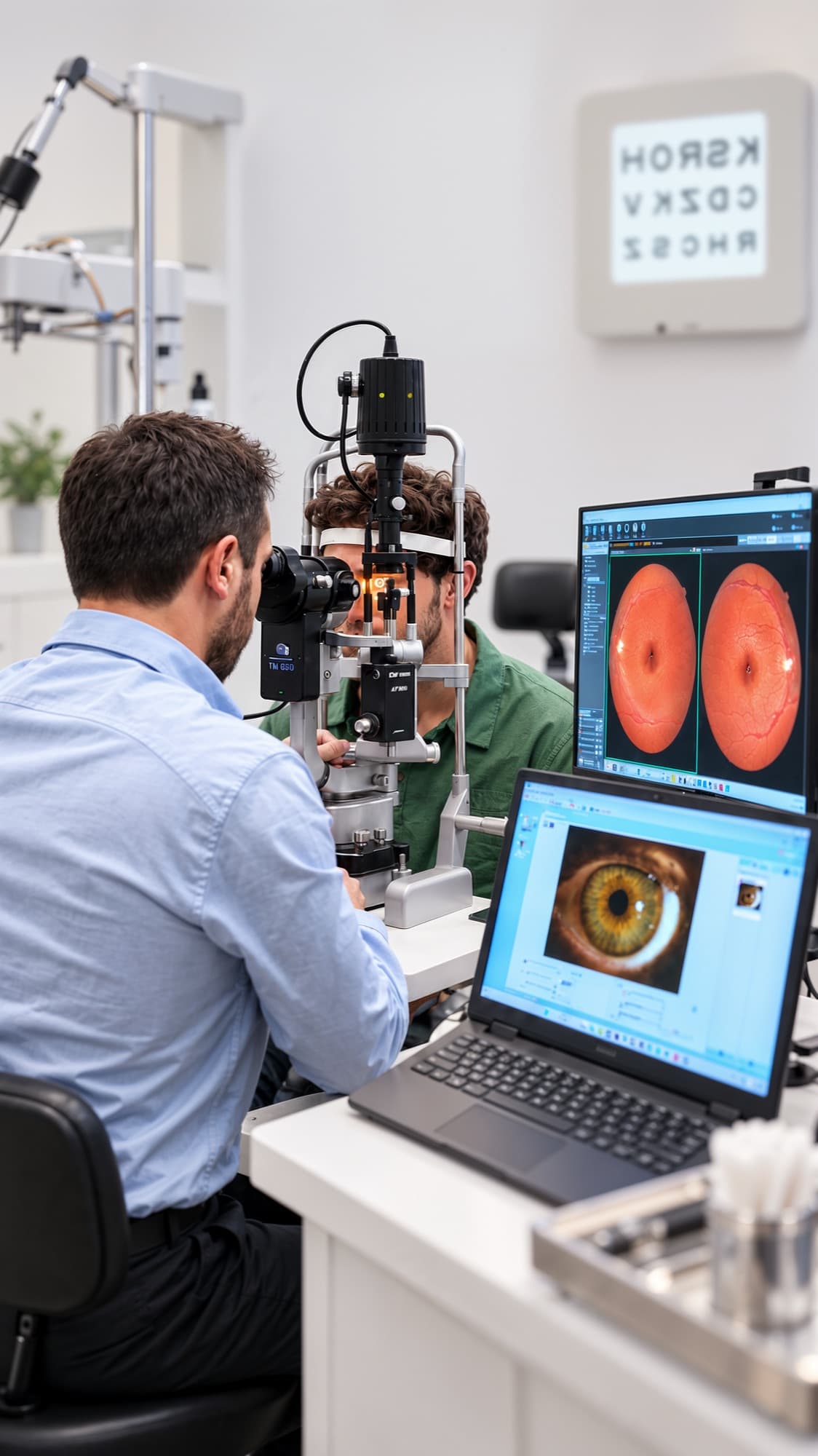 Un optométriste examine l'œil d'un patient à la lampe à fente. Deux images de la rétine s'affichent à l'écran, un gros plan de l'iris sur l'ordinateur.