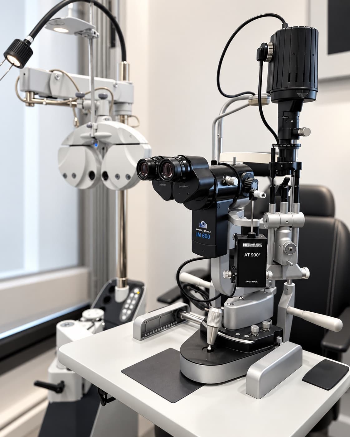 The exam room: a slit lamp and a phoropter in front of the patient's chair, a letter chart on the wall.