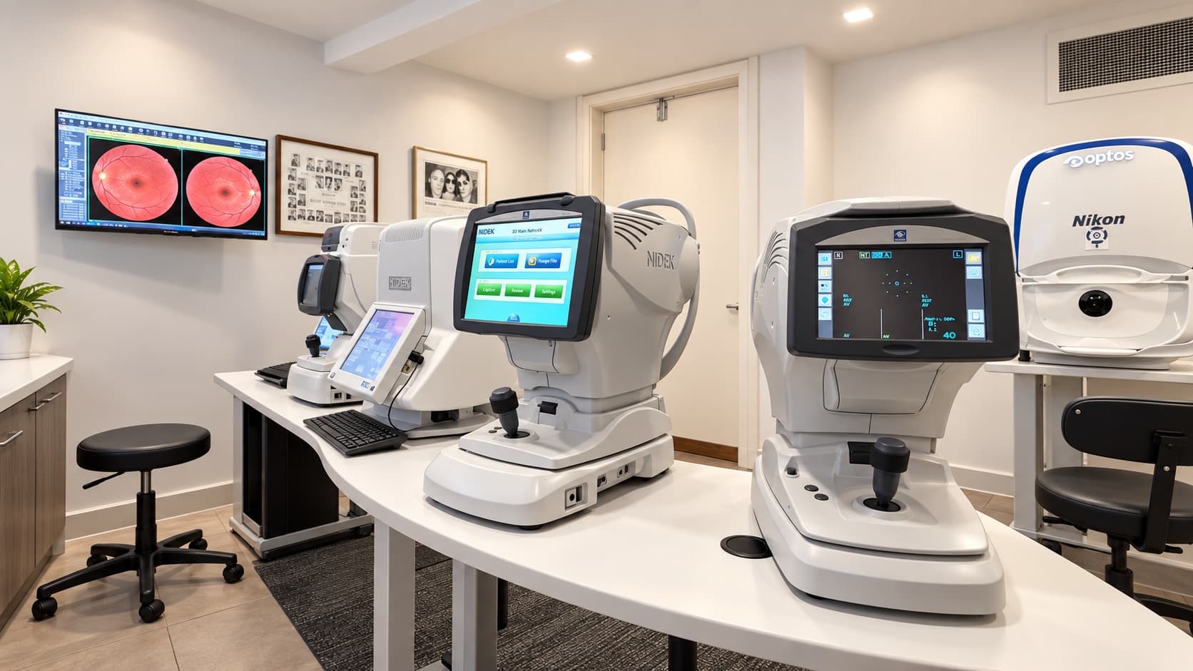 The pre-test room at Harry Toulch: an autorefractor, an OCT and an Optos widefield retinal camera lined up on one white counter.